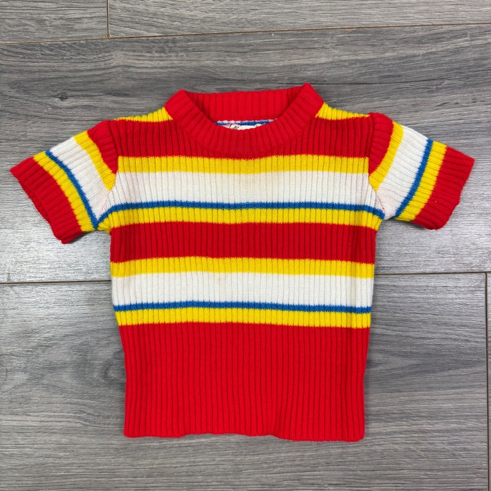 Vintage 70s Toddler Acrylic Sweater Red Stripe Knit 2T Retro‎ Pullover